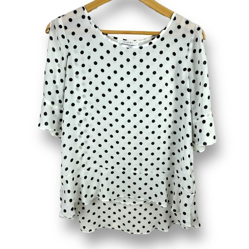 Sioni Women's Size M Hi-Low Peplum Top White‎ With Black Polka Dot Flowy Chiffon